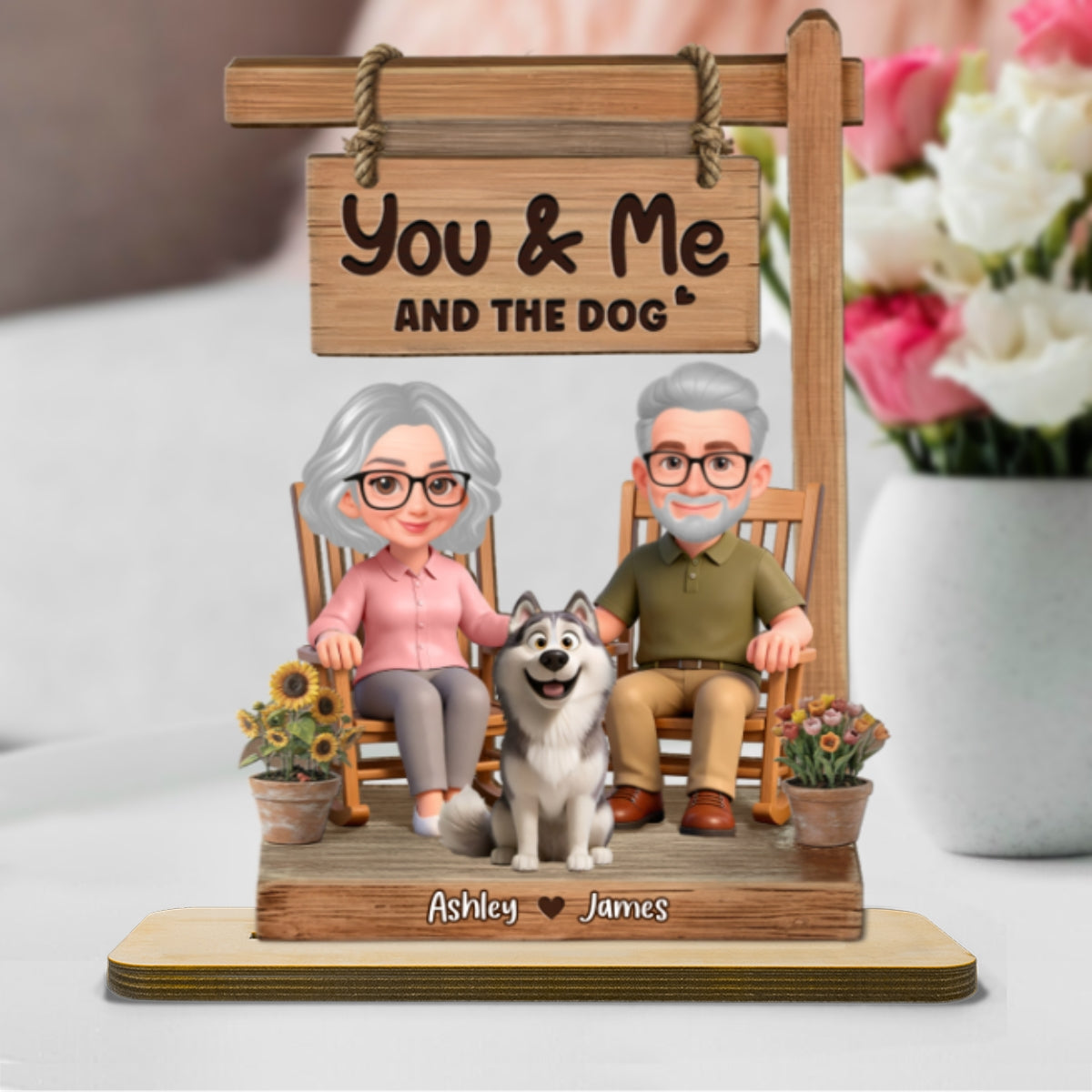 Old Couple On Rocking Chair & Dog 2D Flat - Personalized 2-Layered Wooden Plaque - Anniversary, Valentine's Day Gift For Him, Gift For Her