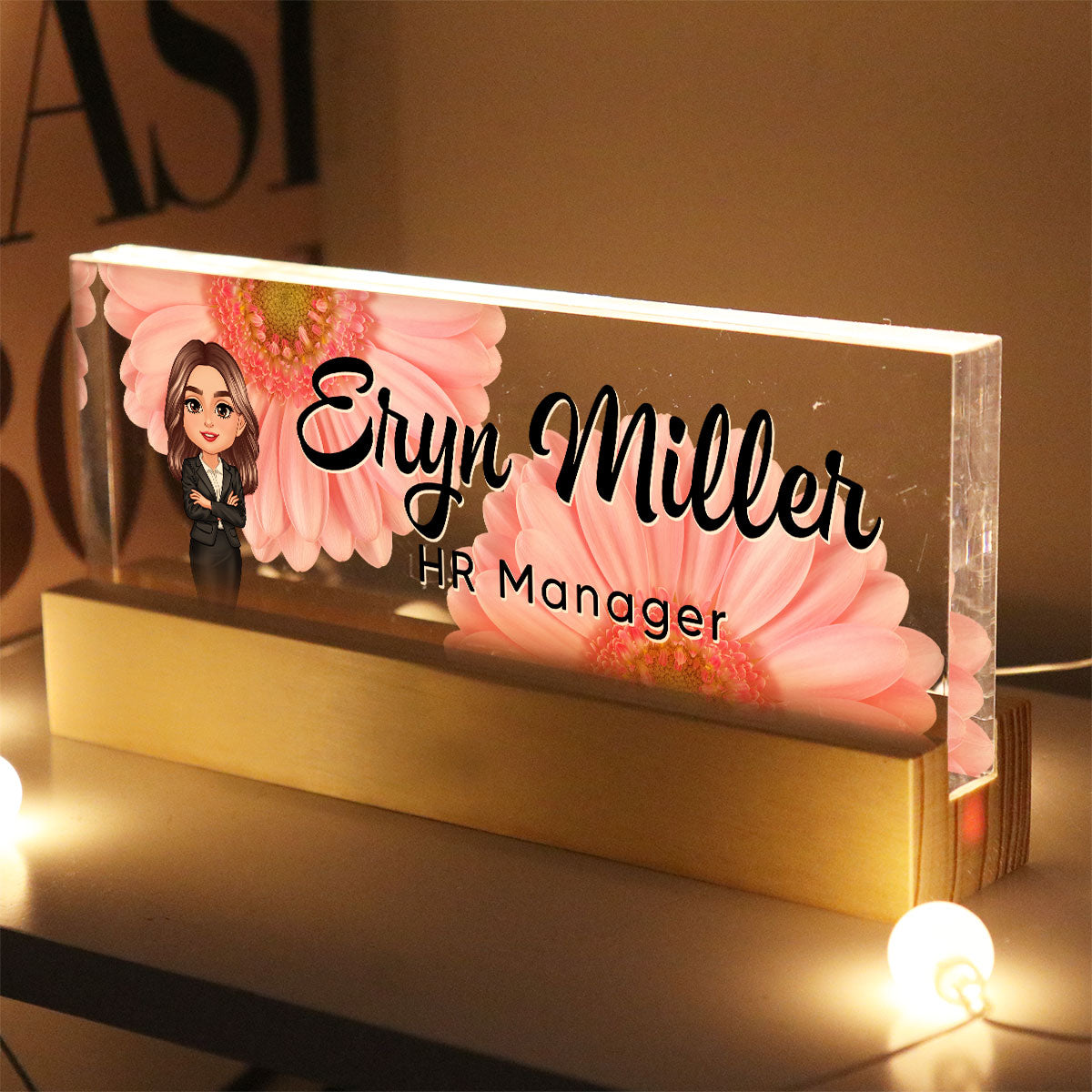 Daisy Woman Office Personalized Acrylic Block LED Night Light, Desk Name Plate, Office Desk Decor, Gift For Colleagues, Coworkers, Boss