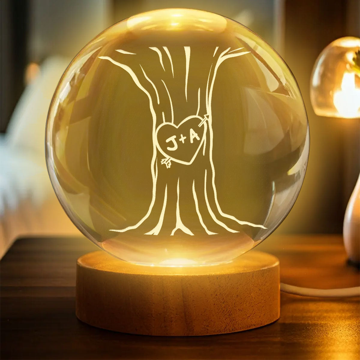 Eternal Love Couple Initial Names Heart Carved Tree - Personalized Crystal Ball LED Night Light - Valentine's Day Gift For Couple