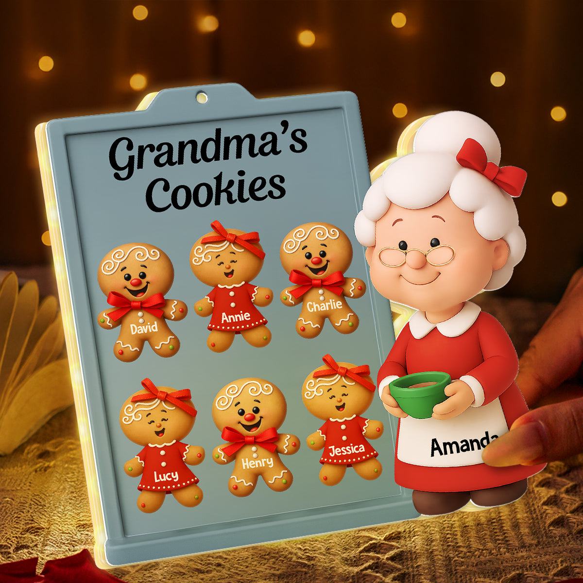 3D Effect Christmas Grandma Cookies Custom Grandkids Names - Personalized Light Box
