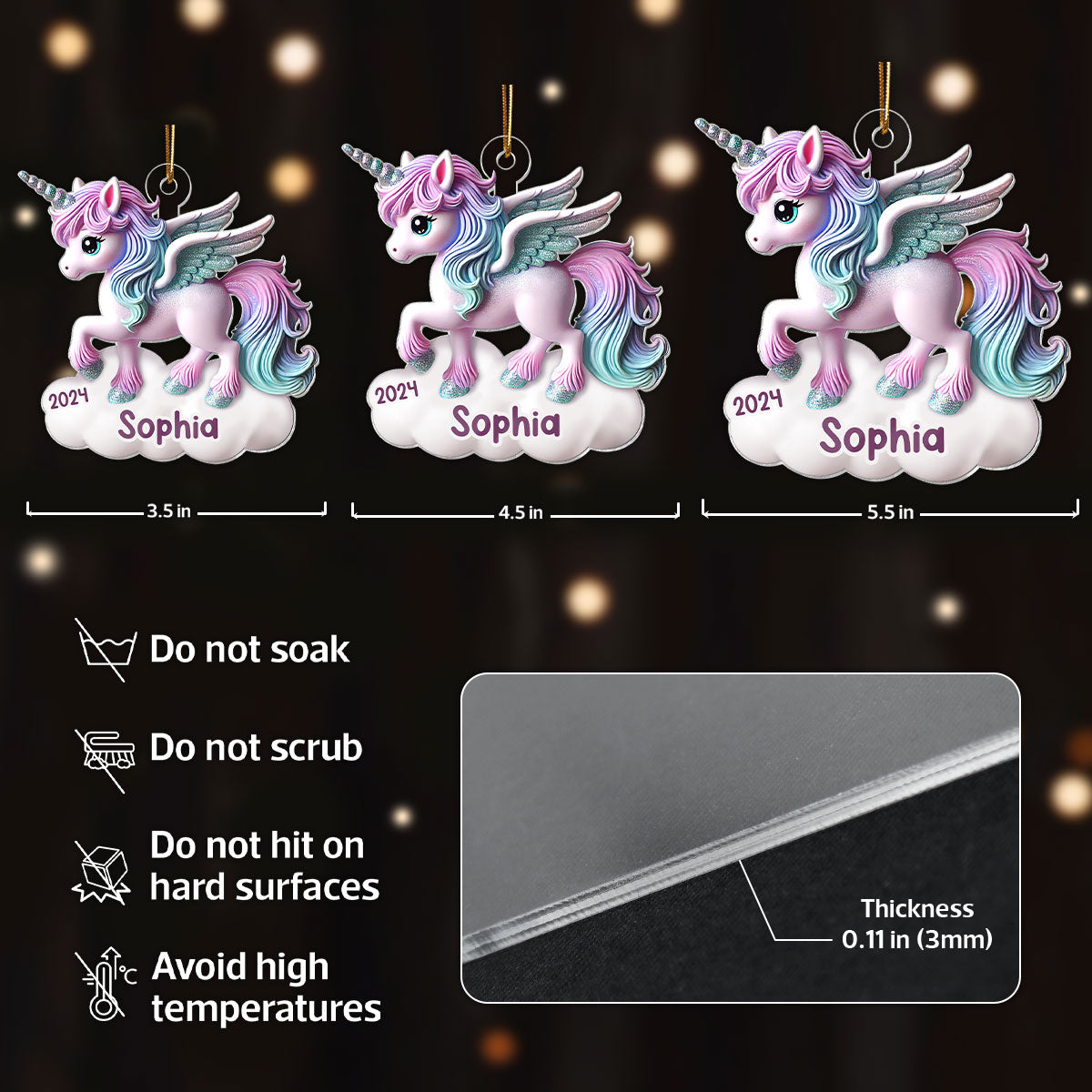 Magical Unicorn 3D Effect Baby's First Christmas Personalized Acrylic Flat Ornament
