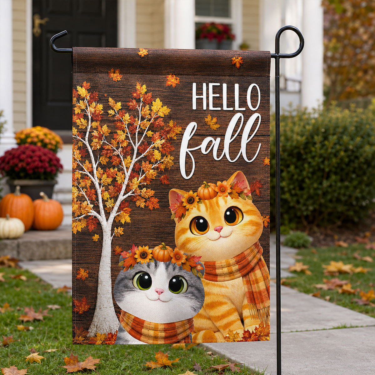 Hello Fall 'Tis the Season Cute Cats - Personalized Garden Flag - Fall Decor for Cat Lovers
