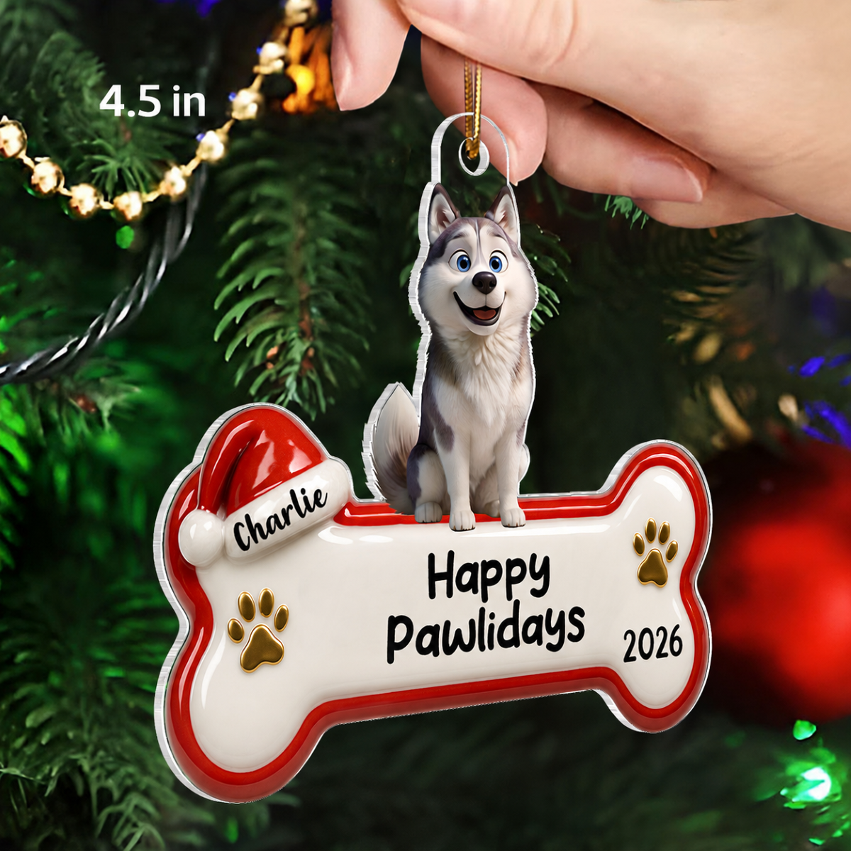 Happy Pawlidays Cartoon Dog 3D Effect - Personalized Acrylic Ornament - Christmas Decor For Dog Lovers