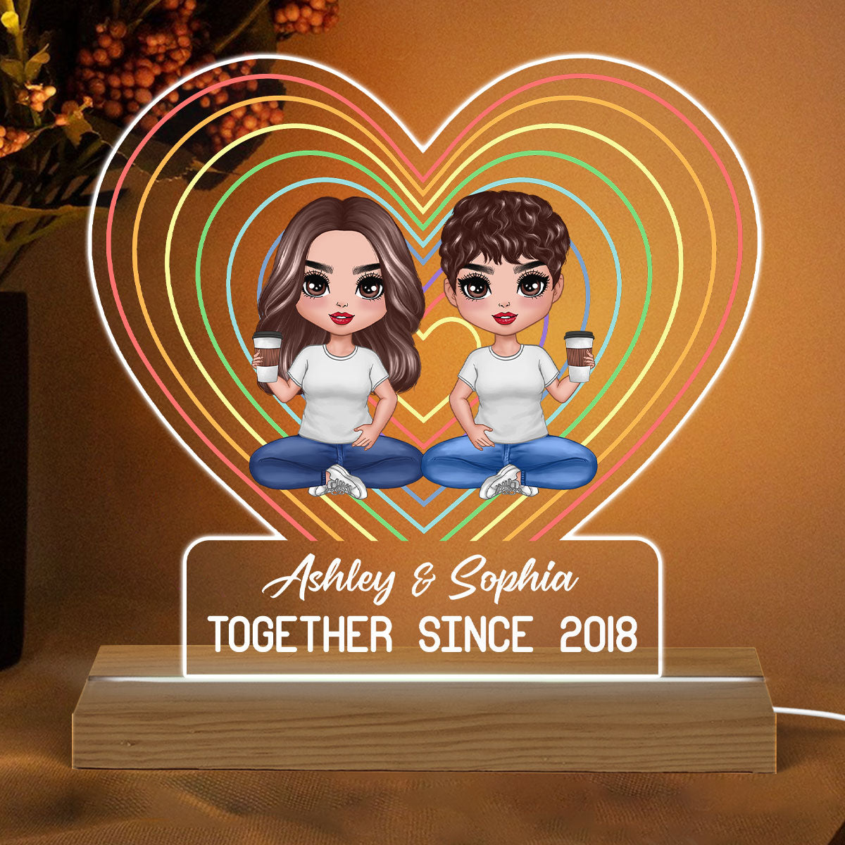 Doll Couple LGBT Rainbow Heart Lights Personalized Custom Shaped Acrylic Plaque With Warm LED Night Light