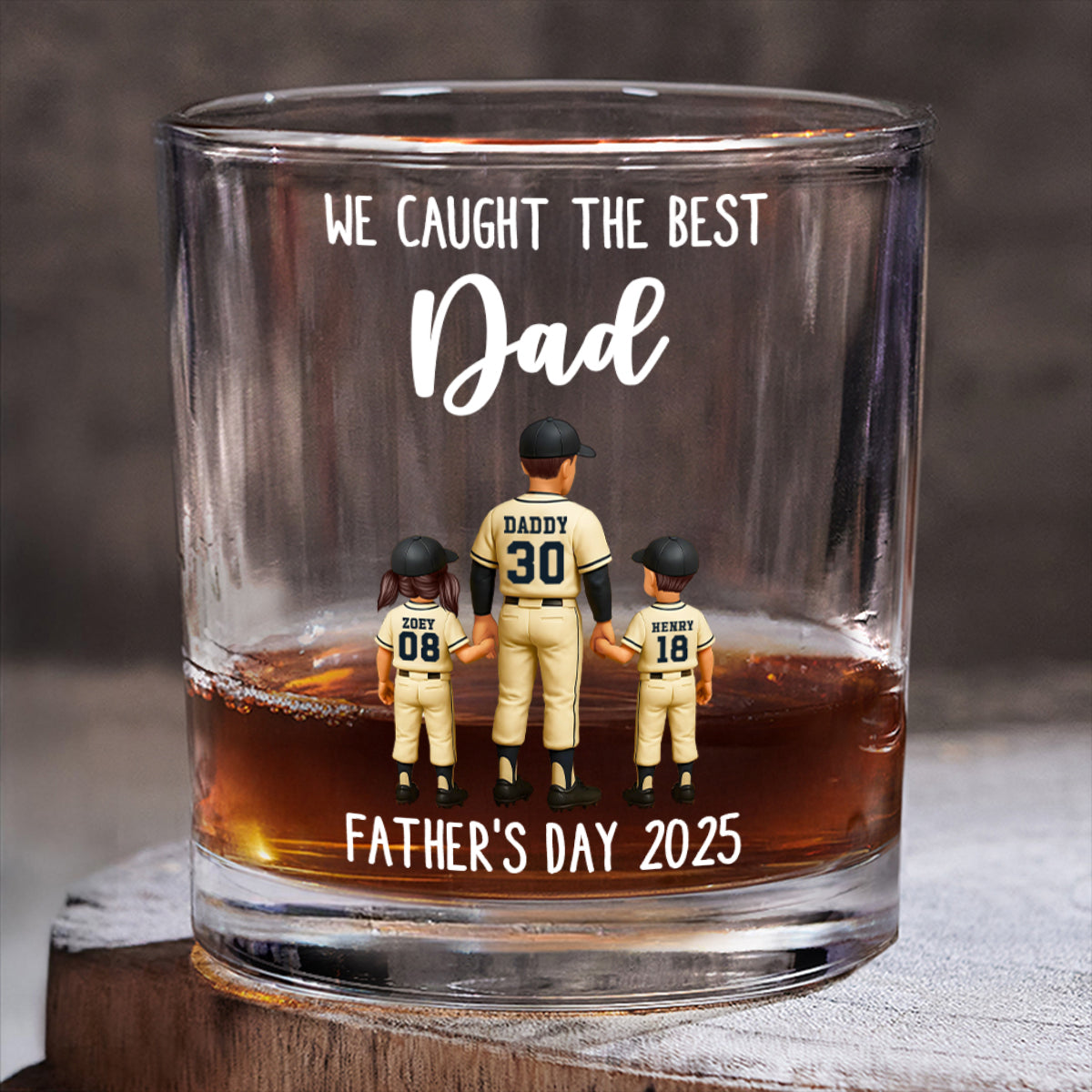 We Caught The Best Dad Baseball Personalized Whiskey Glass, Dad And Kids Holdhing Hands, Father's Day Gift for Dads