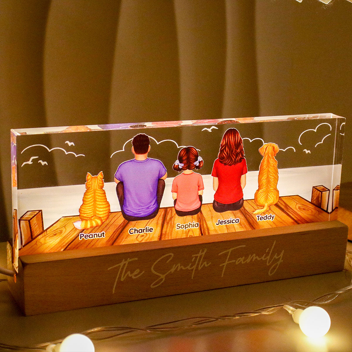 Family Sitting On The Bridge Personalized Acrylic Block LED Night Light, Gift For Family