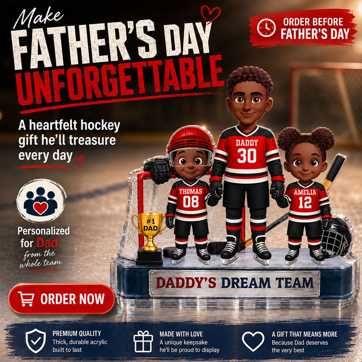 Daddy's Dream Team Hockey Dad & Kids - Personalized Acrylic Block Plaque - Father's Day Gift For Dad, Husband