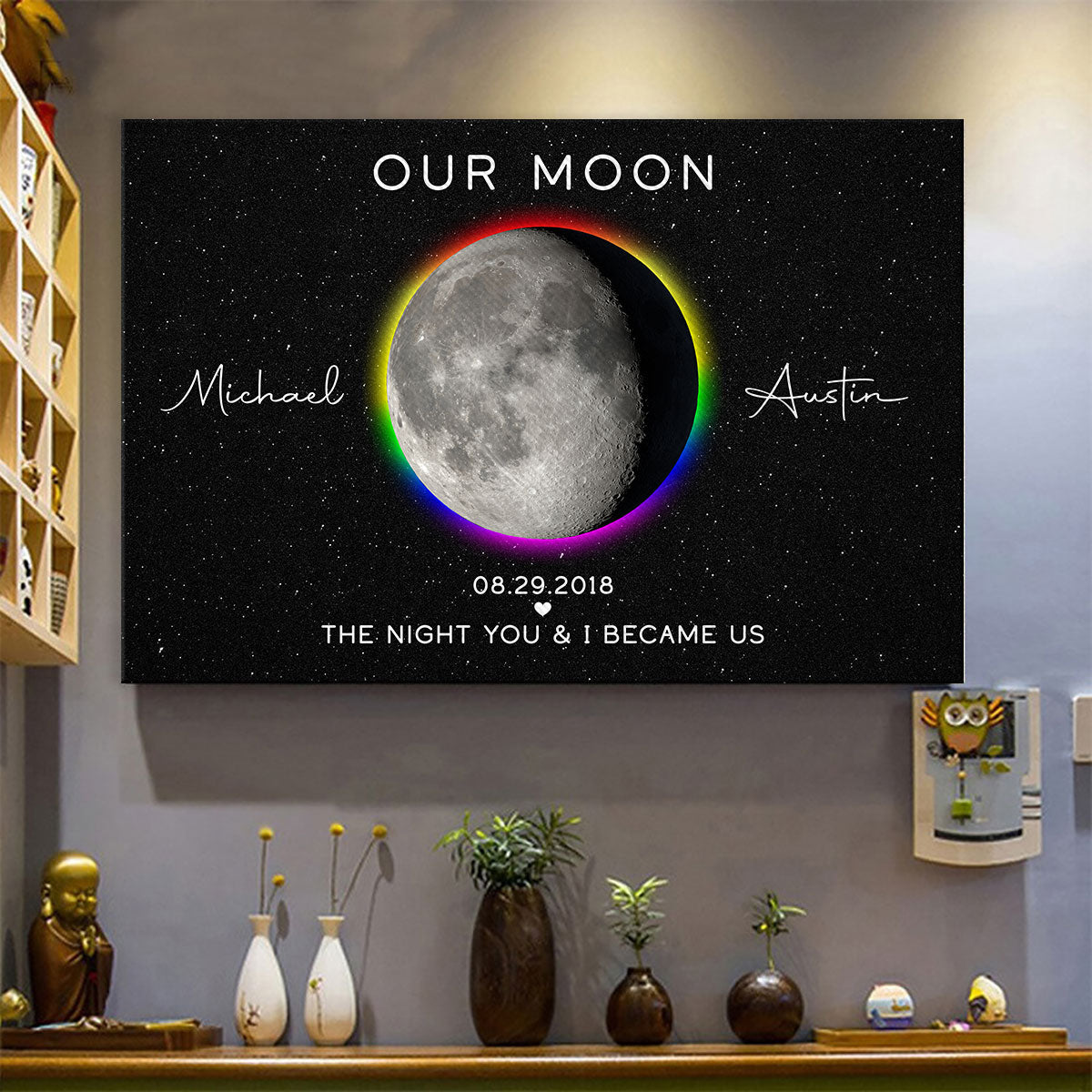 Our Moon LGBTQ Couple Gift Moon Phase Art Personalized Canvas, Pride Month Gift, Anniversary Gift