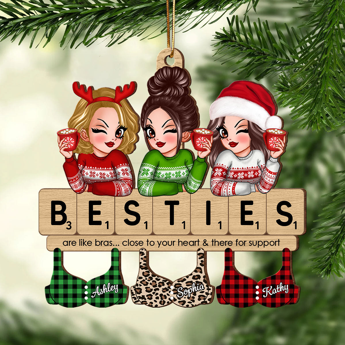 Friends Are Like Bras Girls Sitting On Puzzle Words Personalized Wooden Ornament