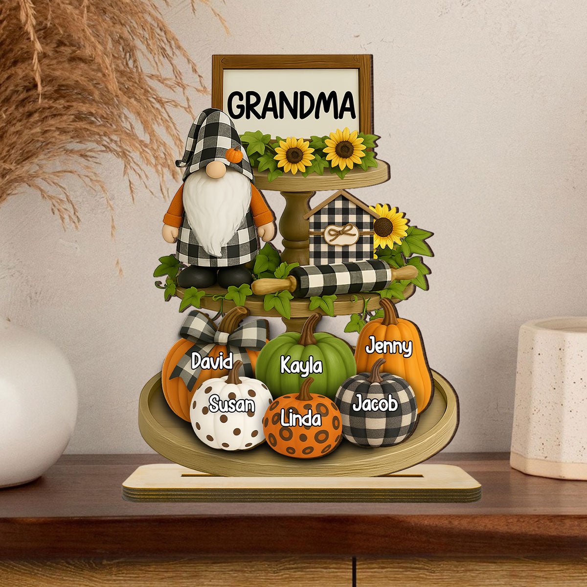 Grandma Mom Fall Season Tiered Tray 3D Effect Personalized Standing Wooden Plaque