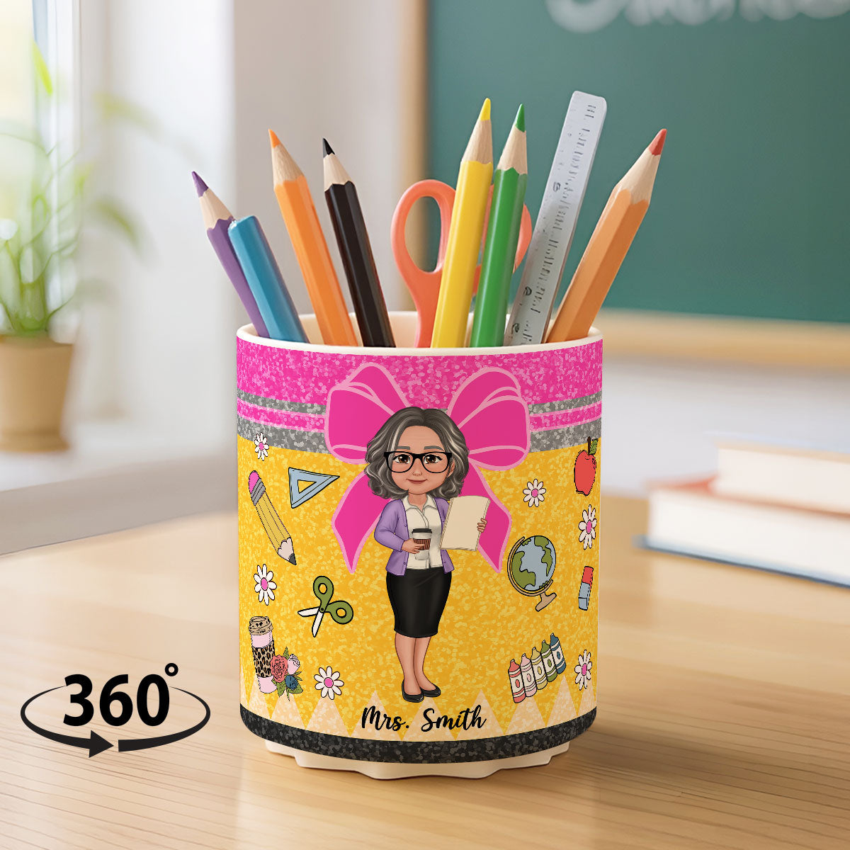 Glitter Coquette Pattern Personalized Rotating Pen Holder, Teacher Appreciation Gift, Back To School Gift