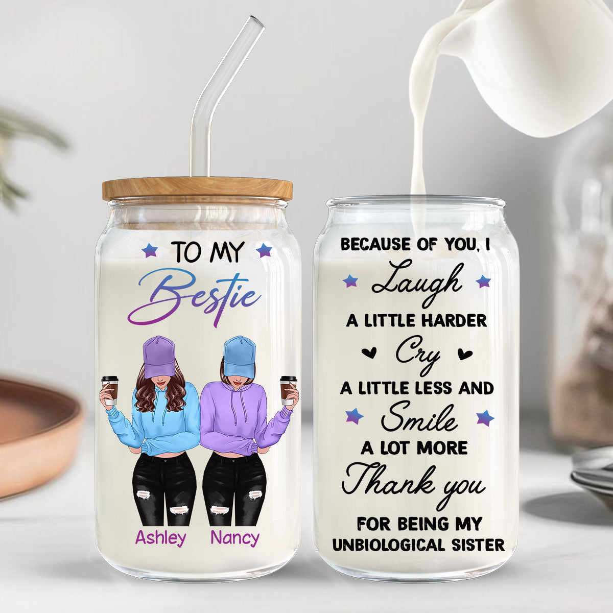 To My Bestie Front View Gift For Best Friends Personalized Clear Glass Can