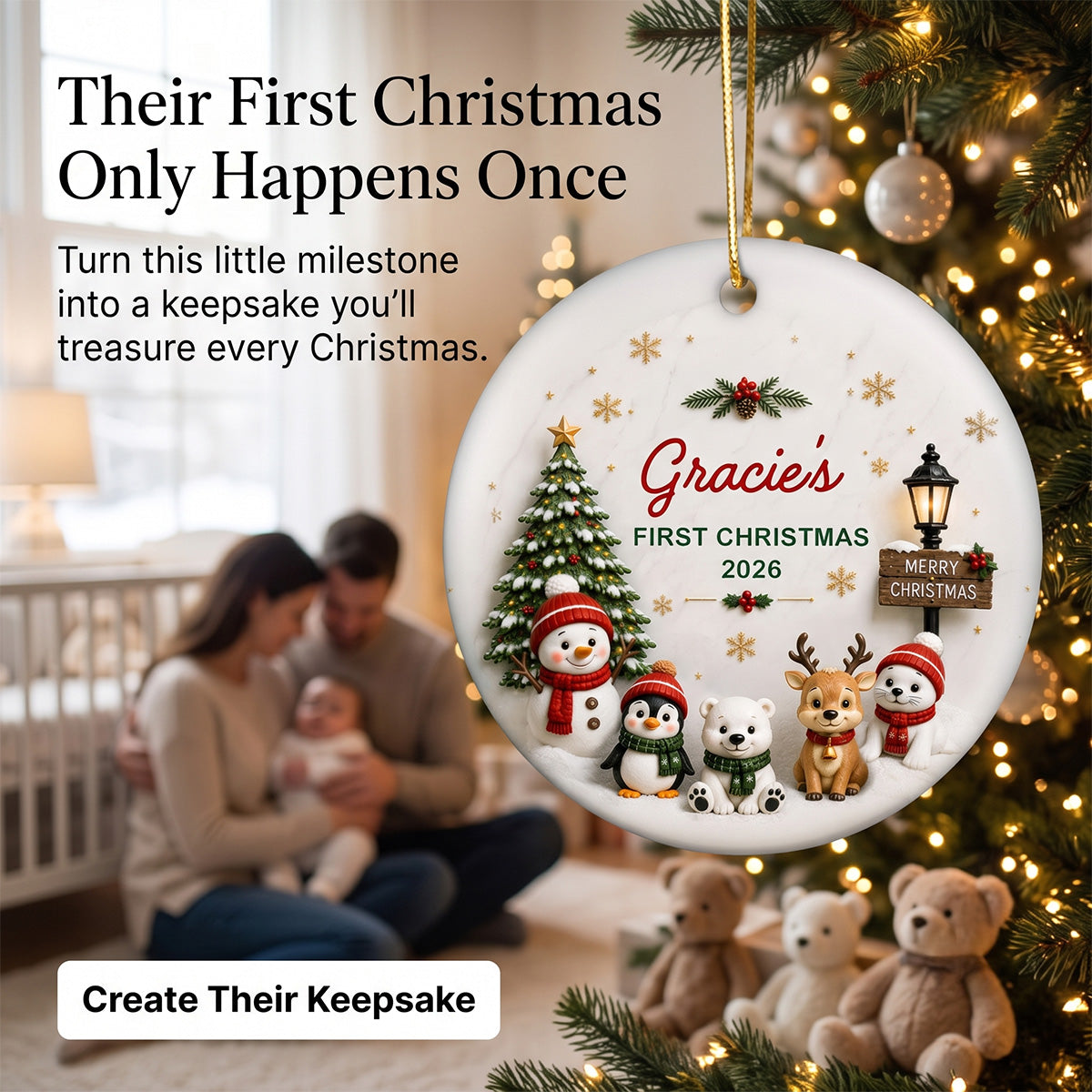 Cute Winter Friends Baby’s First Christmas - Personalized Ceramic 2026 Ornament – Christmas Keepsake