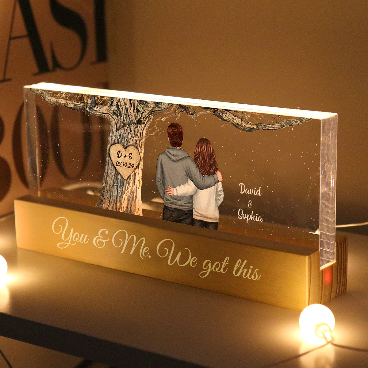 Couple Back View Engraved Tree Personalized Acrylic Block LED Night Light,  Gift, Anniversary Gift for Him for Her