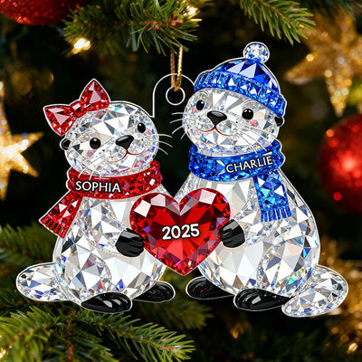 3D Crystal Effect Christmas Otter Couple - Personalized Acrylic Ornament - Heartwarming Christmas Gift for Couple