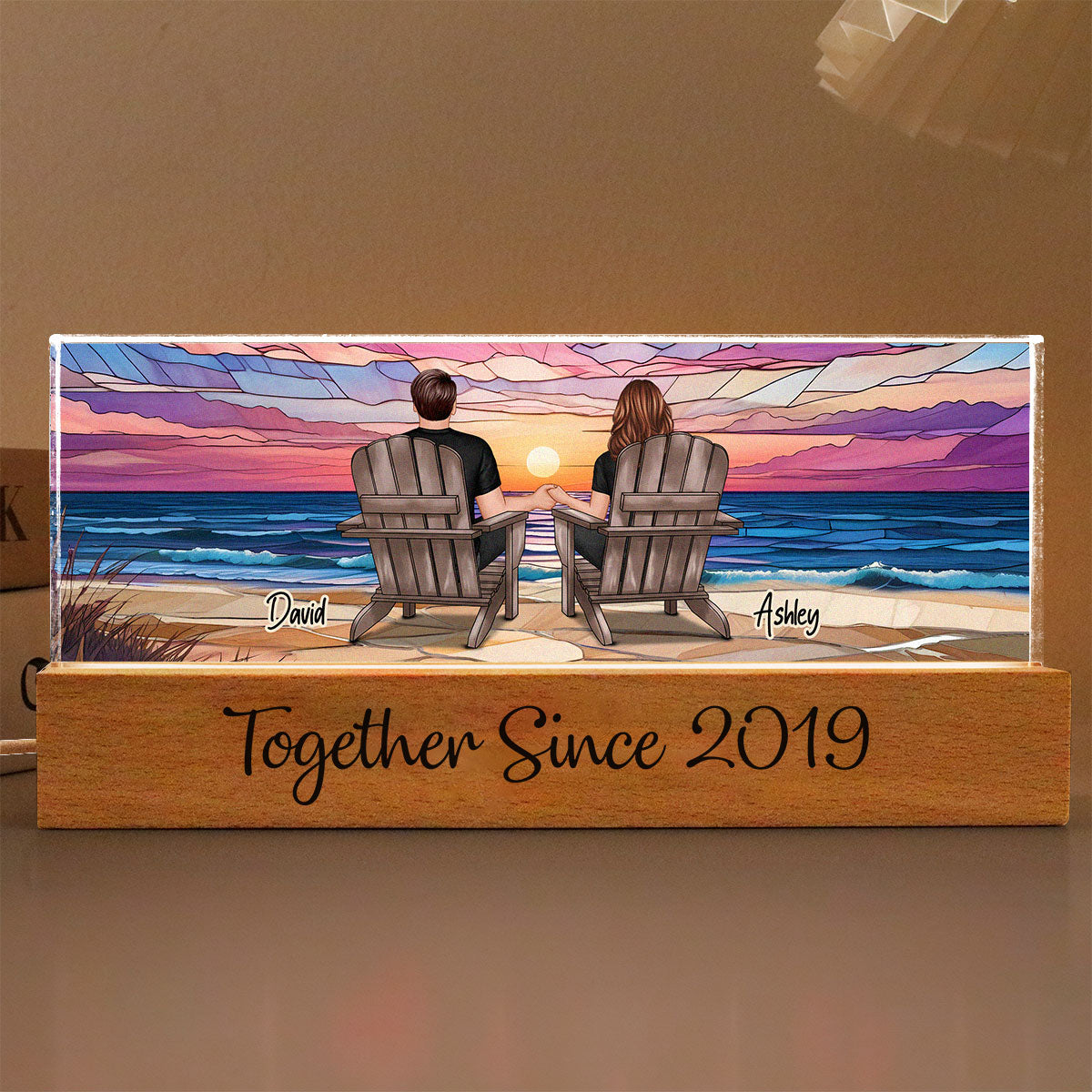 Couple Sitting At Beach Landscape Stained Glass Personalized Acrylic Block LED Night Light