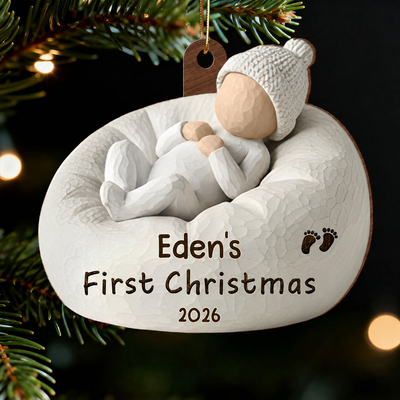 3D Effect Baby's First Christmas Baby On Beanbag Chair - Personalized Wooden Ornament
