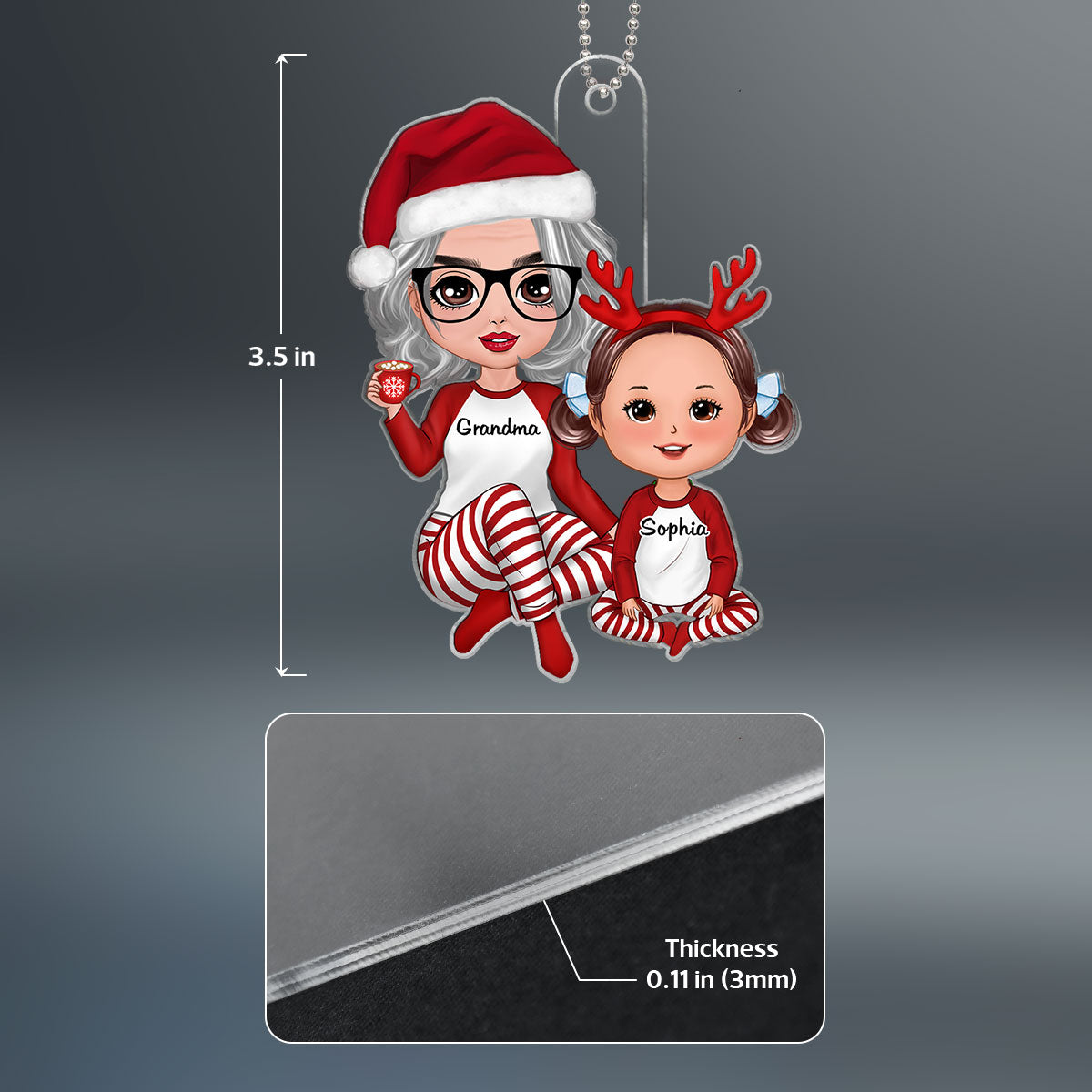 Christmas Pajamas Doll Grandma & Grandkid Sitting Gift For Granddaughter Grandson Personalized Acrylic Ornament