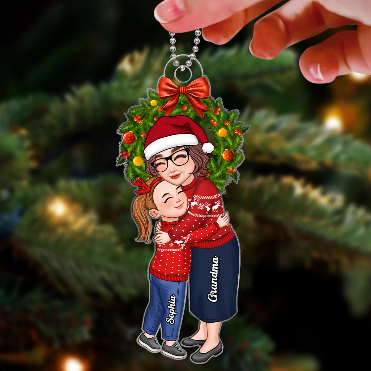 Grandma & Grandkid Hugging Under Christmas Wreath Gift For Granddaughter Grandson Personalized Acrylic Ornament