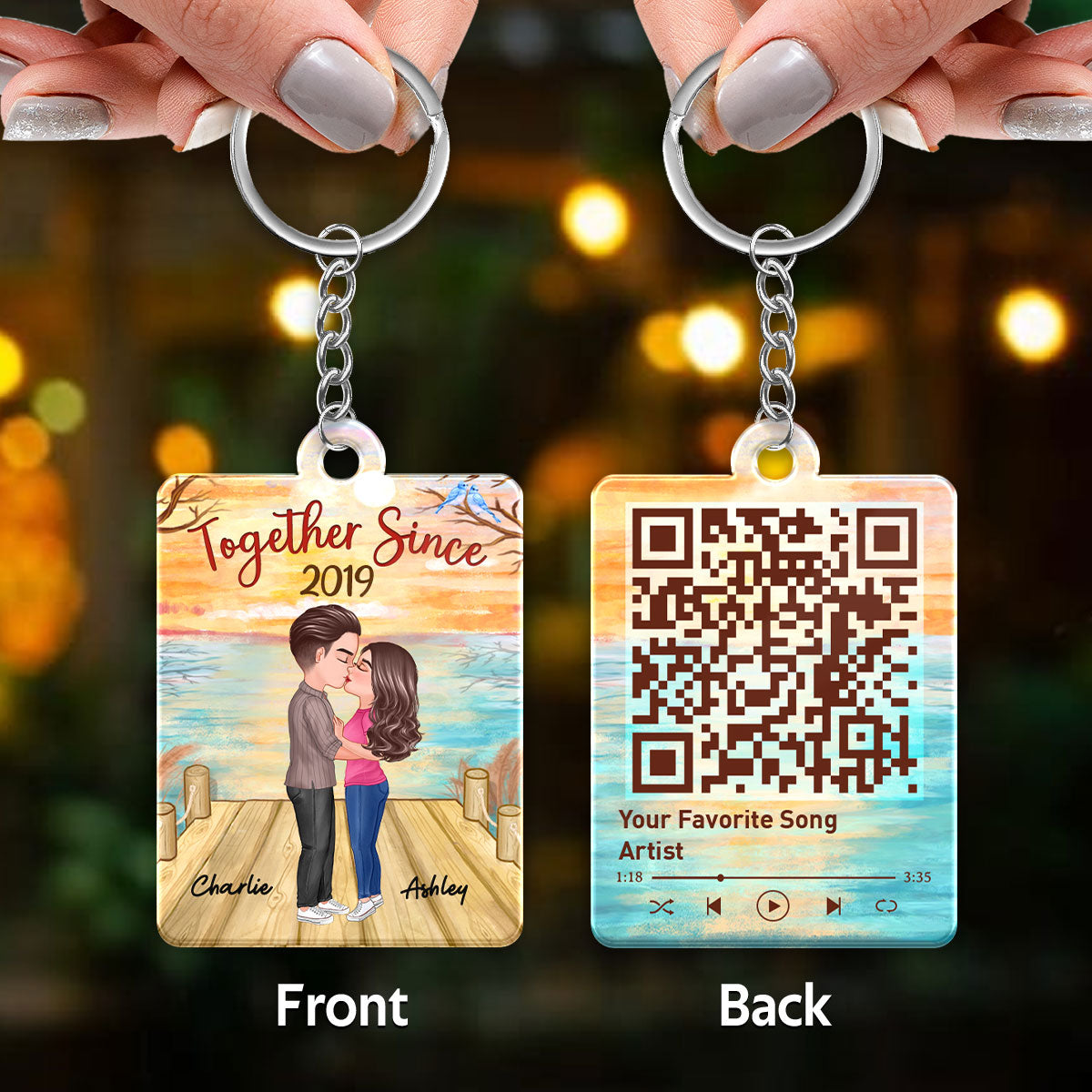 Lake View Doll Couple Kissing Favorite Song Scannable QR Code Personalized Acrylic Keychain