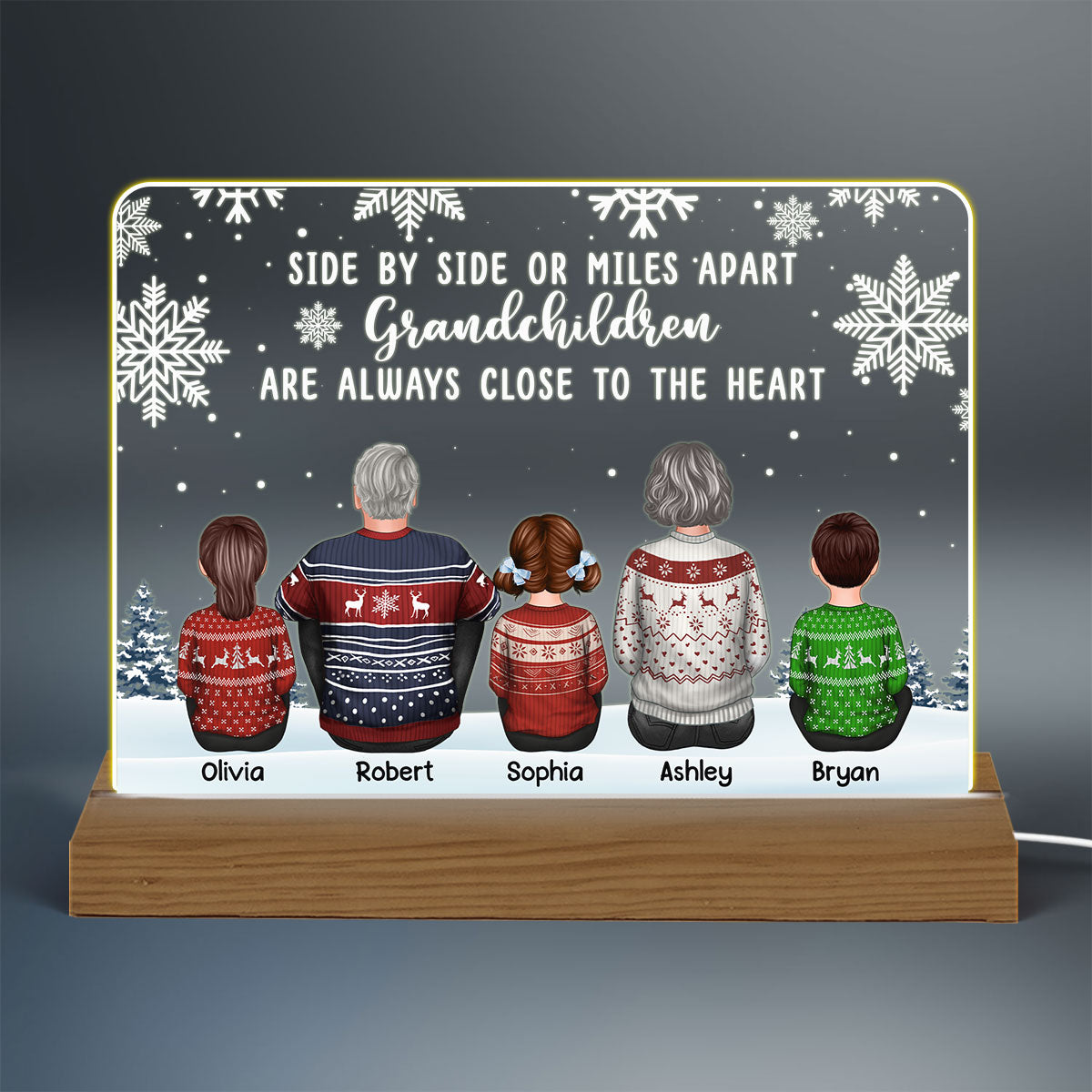Back View Grandpa Grandma Grandkids Side By Side Snow Personalized Custom Shape Acrylic Plaque Warm LED Night Light