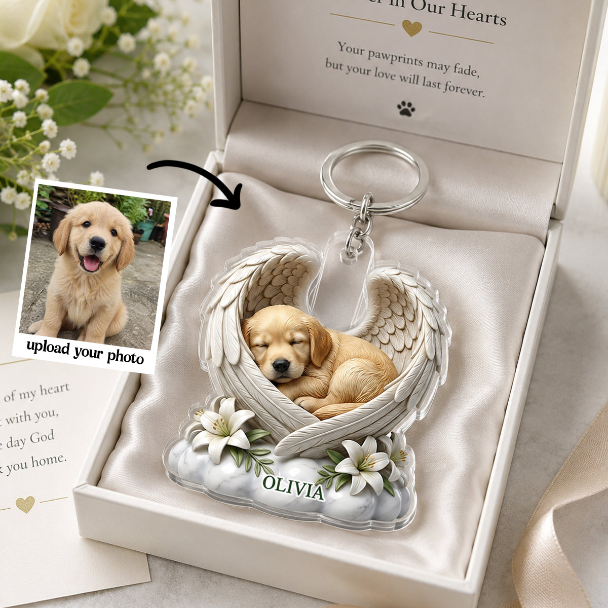 Custom Dog Cat Angel Wings Statue - Personalized Acrylic Keychain - Heartfelt Pet Memorial Gift