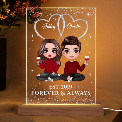 Double Hearts Doll Couple Sitting Personalized Rectangle Acrylic Plaque LED Lamp Night Light
