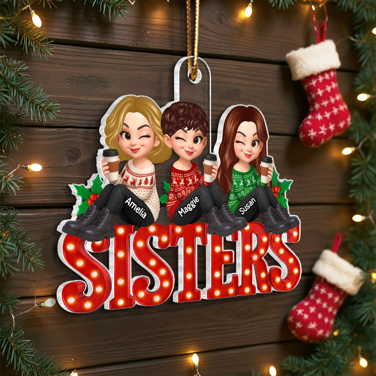 Christmas Besties Sisters Sitting On Marquee LED 3D Effect Personalized Acrylic Ornament