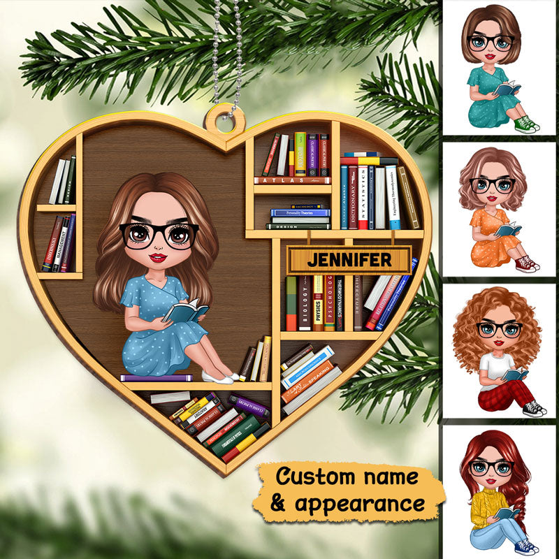 Bookshelf Book Lover Book Worm Personalized Christmas Wooden Ornament