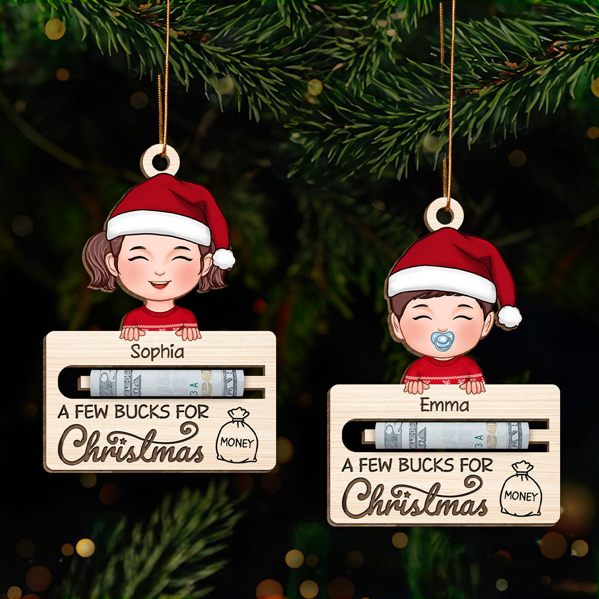 A Few Bucks For Christmas Personalized Wooden Ornament, Money Holder Ornament For Kids