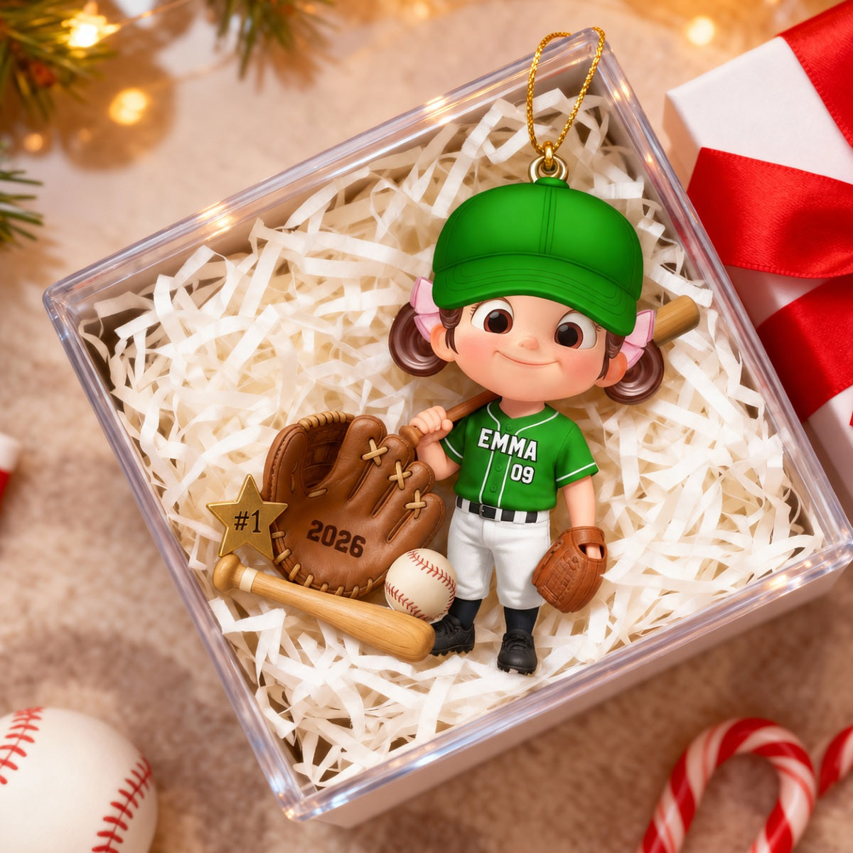 Baseball Player With Baseball Mitt Bat Ball - Personalized Acrylic Ornament - Gift For Kids, Grandkids