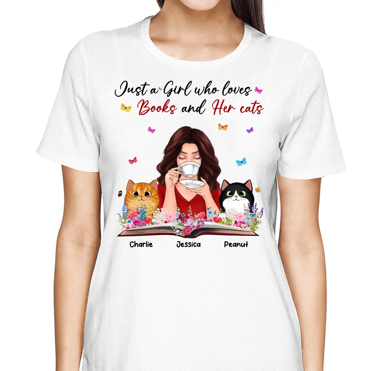 Just A Girl Who Loves Books And Her Cat Coffee Girl With Flowers And Peeking Fluffy Cat Personalized Shirt