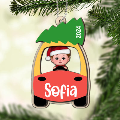 Kid On Christmas Toy Car First Christmas Personalized 2-Layer Wooden Ornament