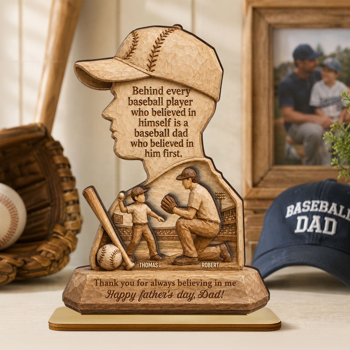 Behind Every Baseball Player is a Baseball Dad - Personalized 2-Layered Wooden Plaque - Father's Day Gift for Dad, Husband