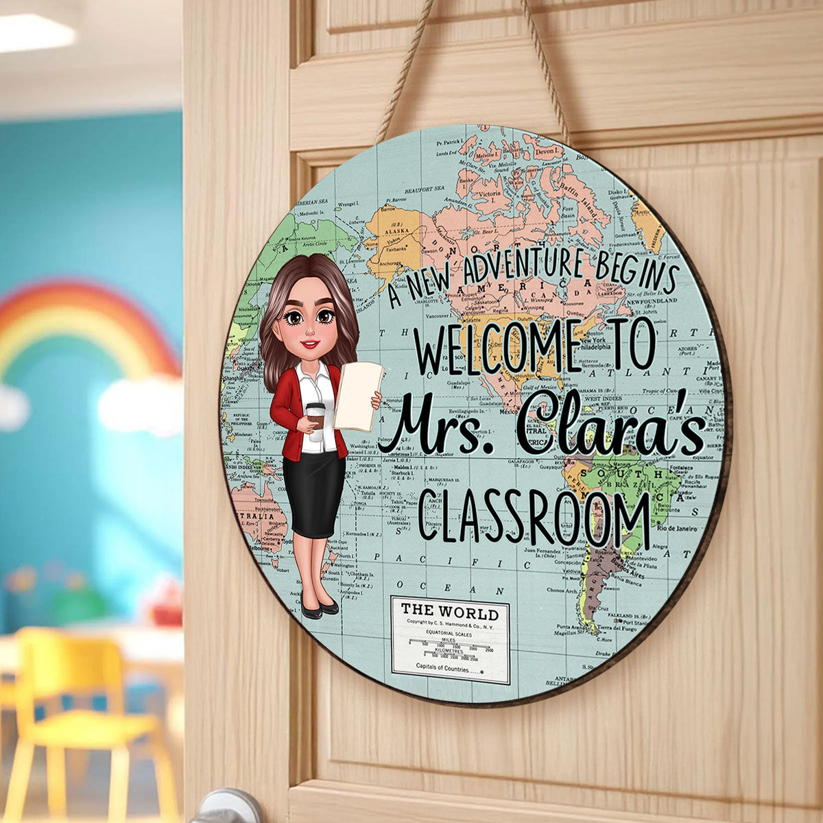 World Map Adventure Themed Welcome To Classroom Personalized Round Door Hanger, Back To School, Classroom Decor