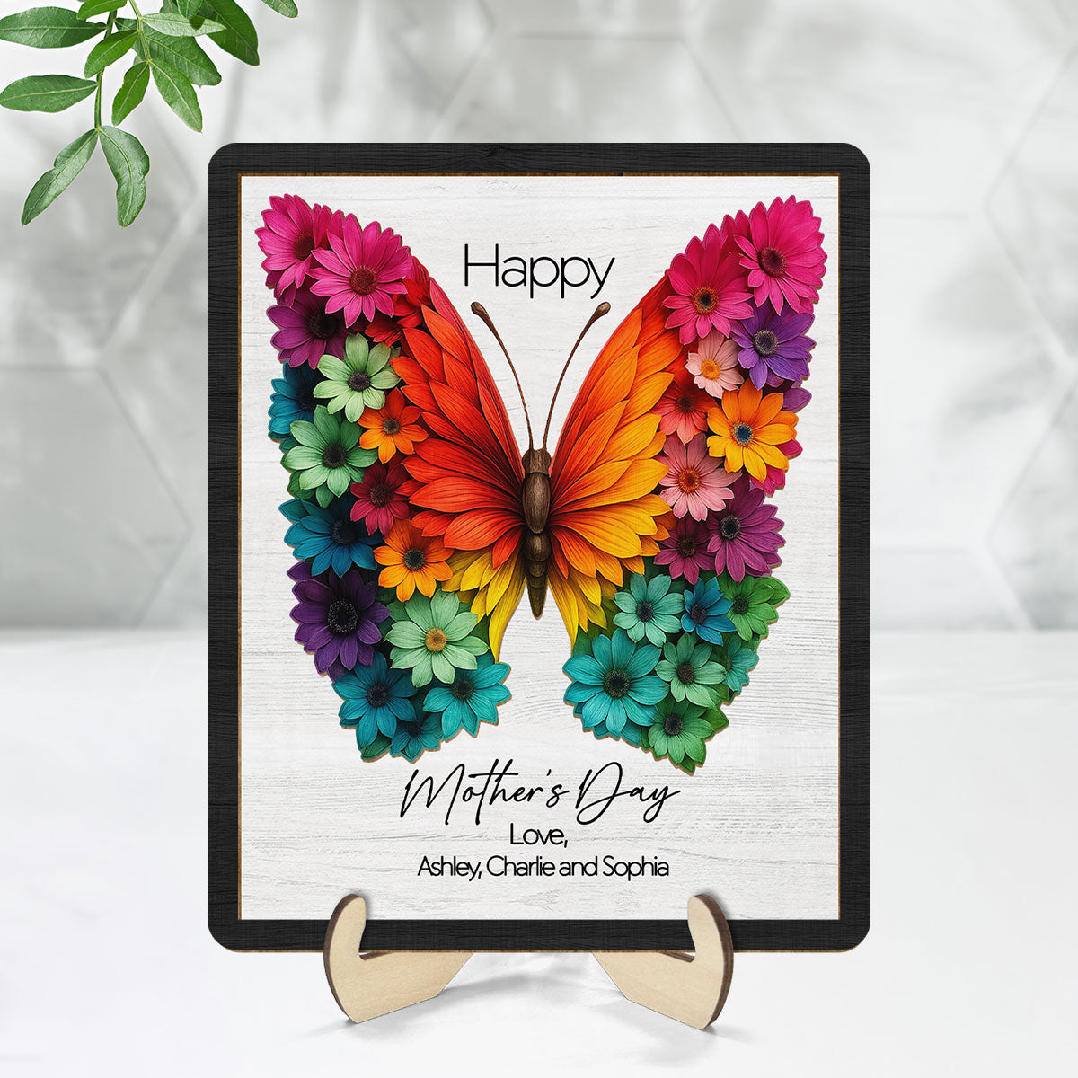 Mother's Day Butterfly Flowery Wings 2D Flat, Personalized 2-Layered Wooden Plaque, Gift for Mom, 3D Effect