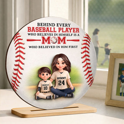 Behind Every Baseball Player Is Mom - Personalized 2-Layered Wooden Plaque - Heartfelt Gift For Mom, Grandma