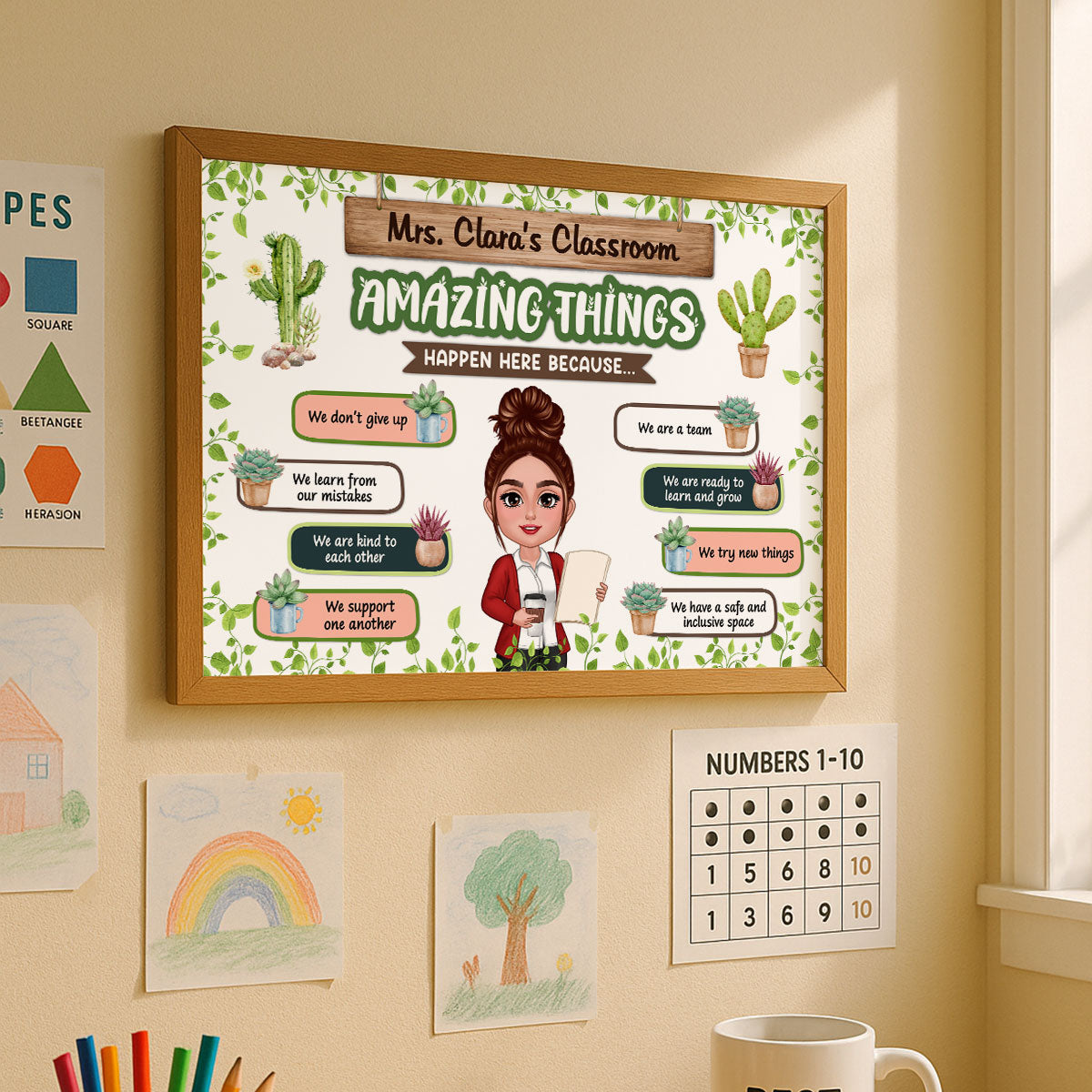 Greenery Boho Plants Amazing Things Happen Here Teacher Personalized Poster, Classroom Decoration