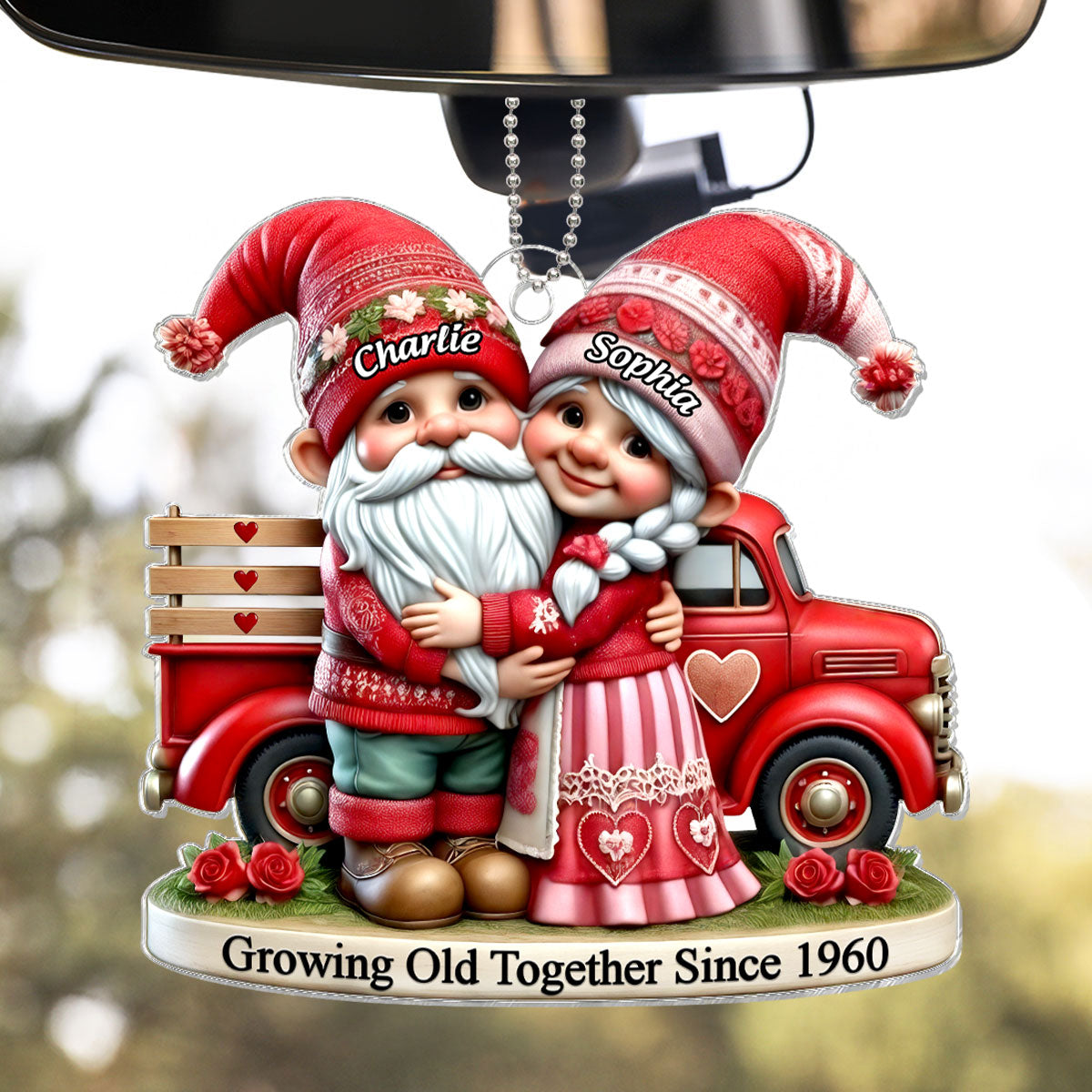 3D Effect Gnome Old Couple And  Truck Personalized Car Hanger Ornament,  Gift For Couple, For Him, For Her, Husband, Wife