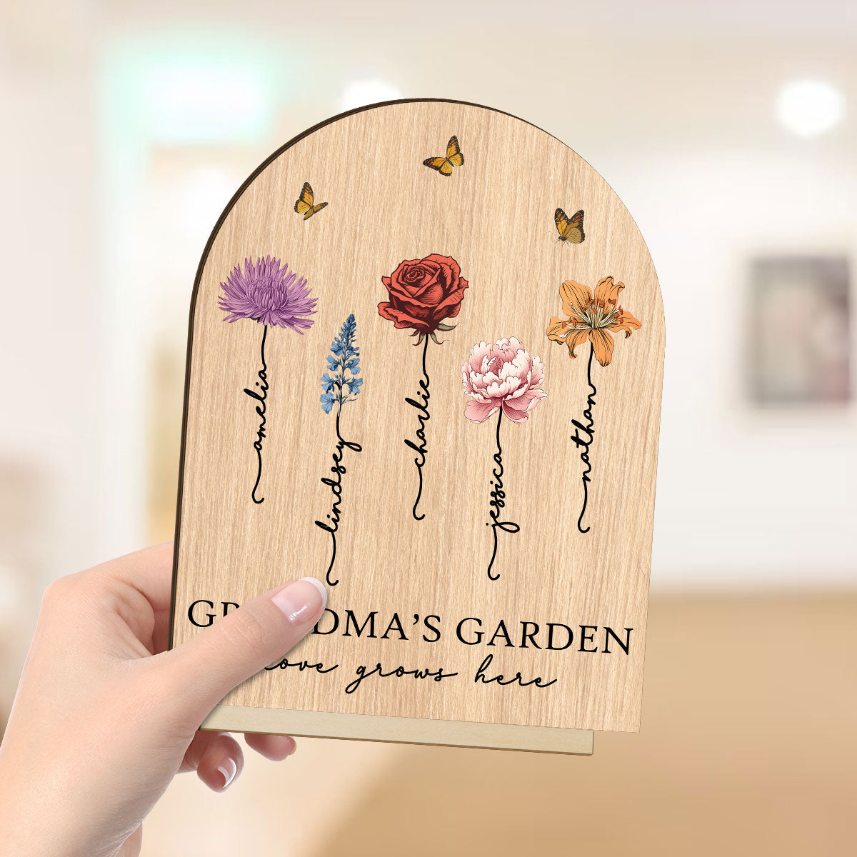 Grandma‘s Garden Love Grows Here Vintage Birth Flower Personalized Standing Wooden Plaque