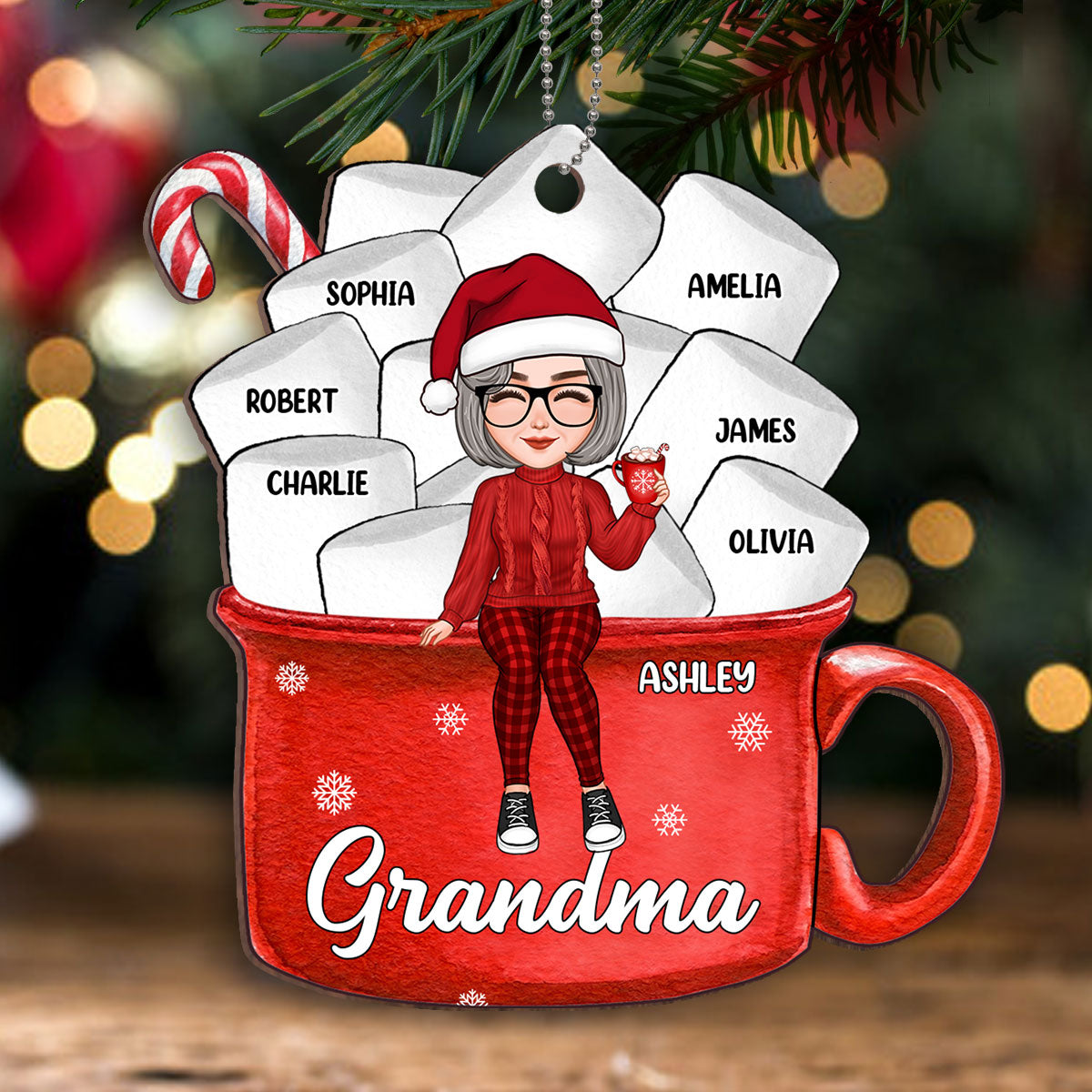 Grandma Mom Hot Cocoa Kids Marshmallows Personalized Wooden Ornament