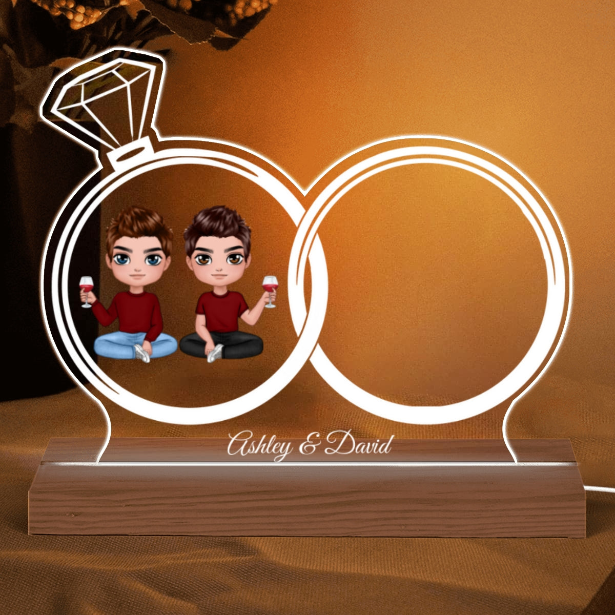 Doll Couple Sitting Anniversary Date Calendar Rings Personalized Custom Shape Acrylic Plaque With LED Night Light