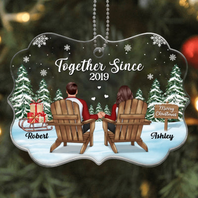 Couple Back View On Chair In Snow Personalized Acrylic Ornament