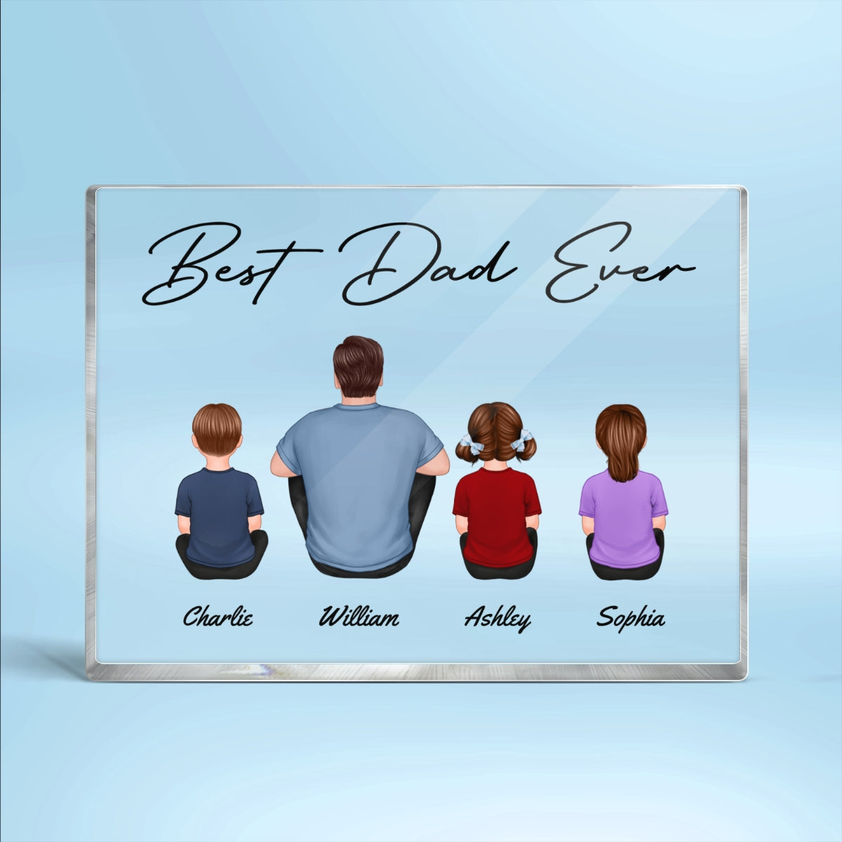 Back View Dad And Kids Dogs Cats Sitting Best Dad Ever Personalized Rectangle Acrylic Block Plaque