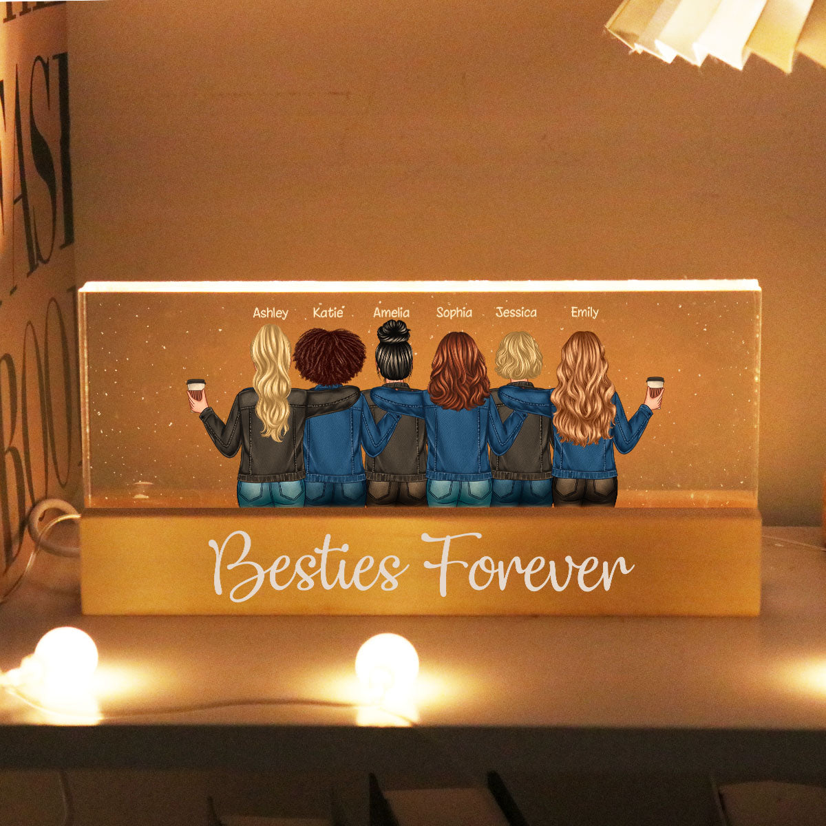 Back View Besties Personalized Acrylic Block LED Night Light, Gift For Best Friends, BFF