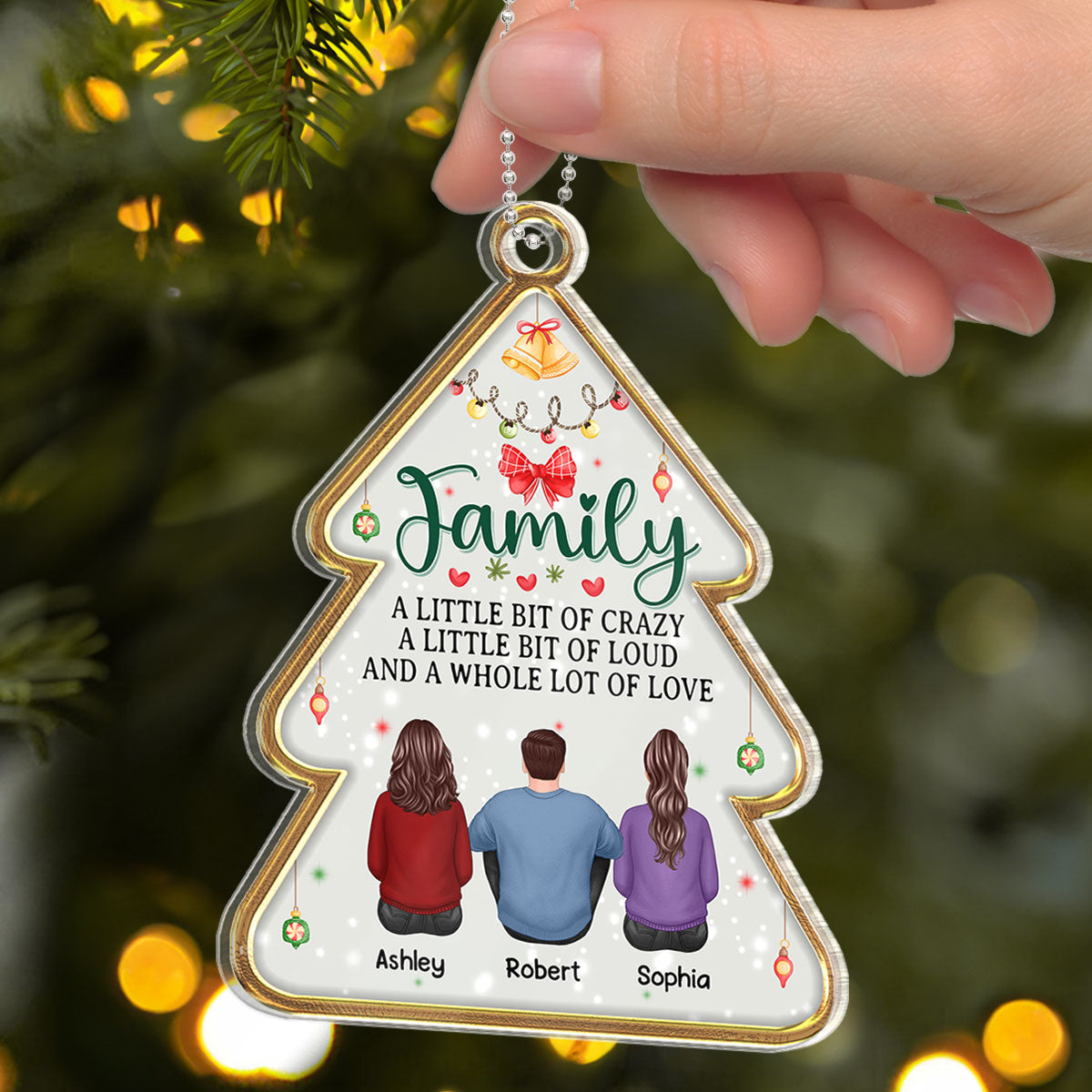 Family Sitting Back View Christmas Tree Shaped Personalized Acrylic Ornament