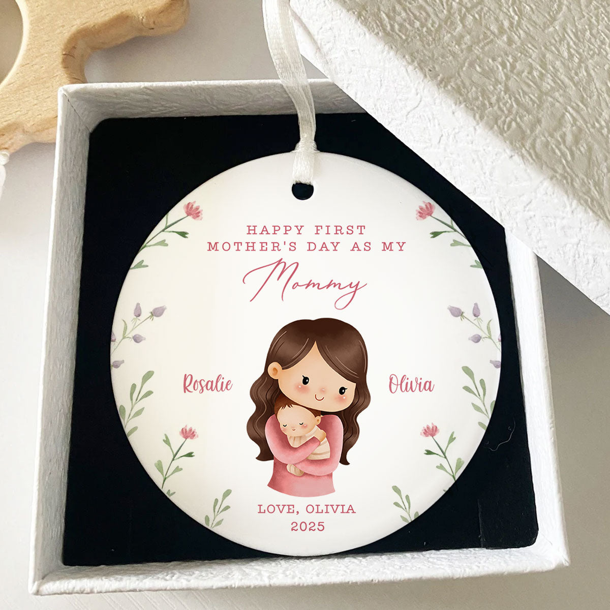 Watercolor Cute Mom Grandma Baby Happy First Mother's Day Personalized Circle Ceramic Ornament