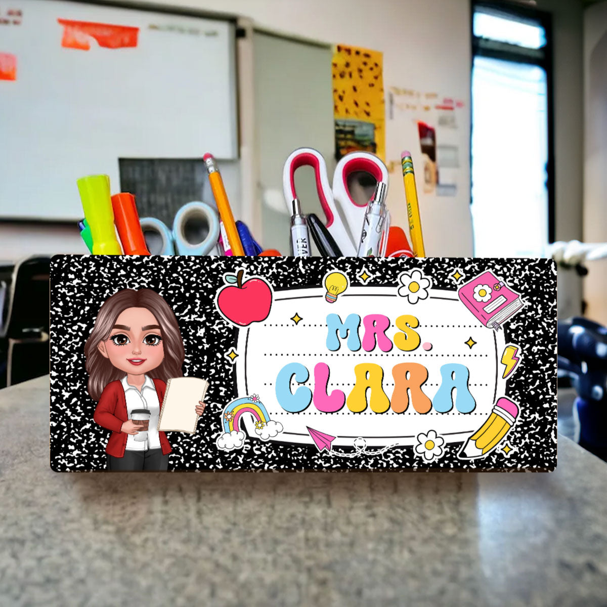 Teacher Composition Book Pattern Personalized Pencil Holder, Back To School Gift