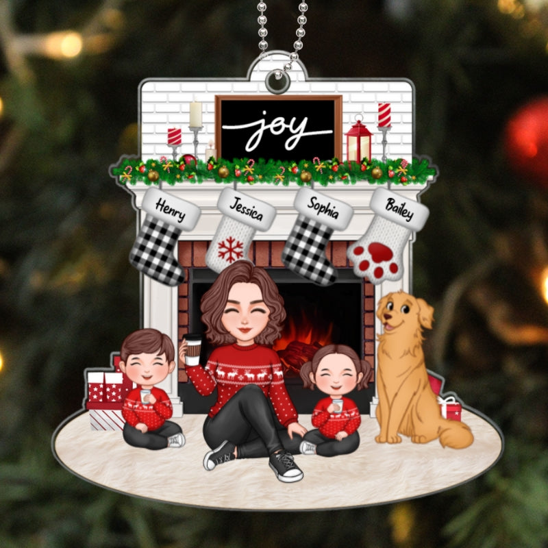 Cute Family Single Dad Mom Kids Dogs Cats Sitting At Christmas Fireplace Personalized Acrylic Ornament