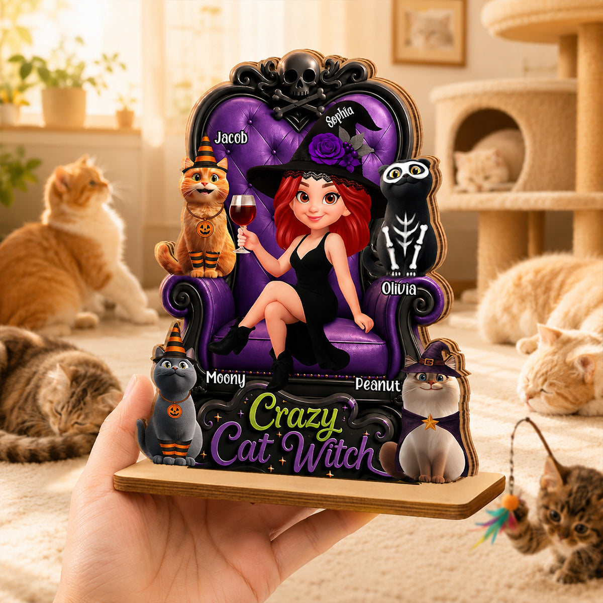Crazy Cat Witch Halloween - Personalized 2-Layered Wooden Plaque - Halloween Decor for Cat Lovers